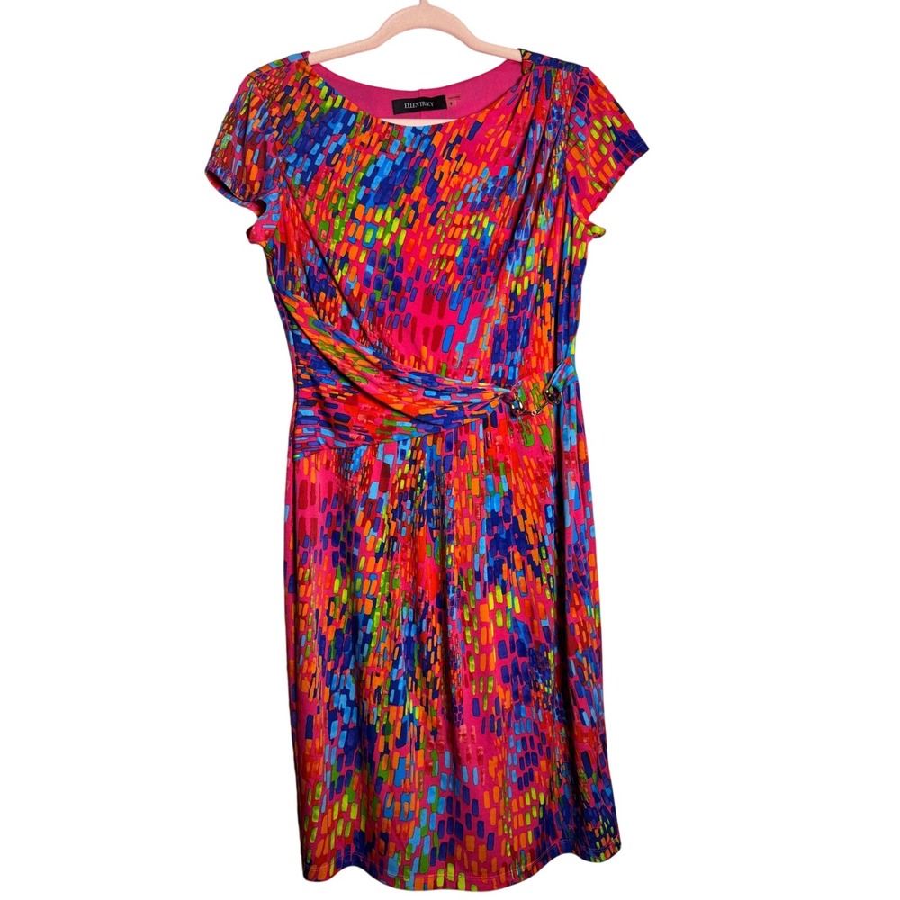 Ellen Tracy Pink Multi Color Abstract Print Faux Wrap Sheath Dress Size 8
